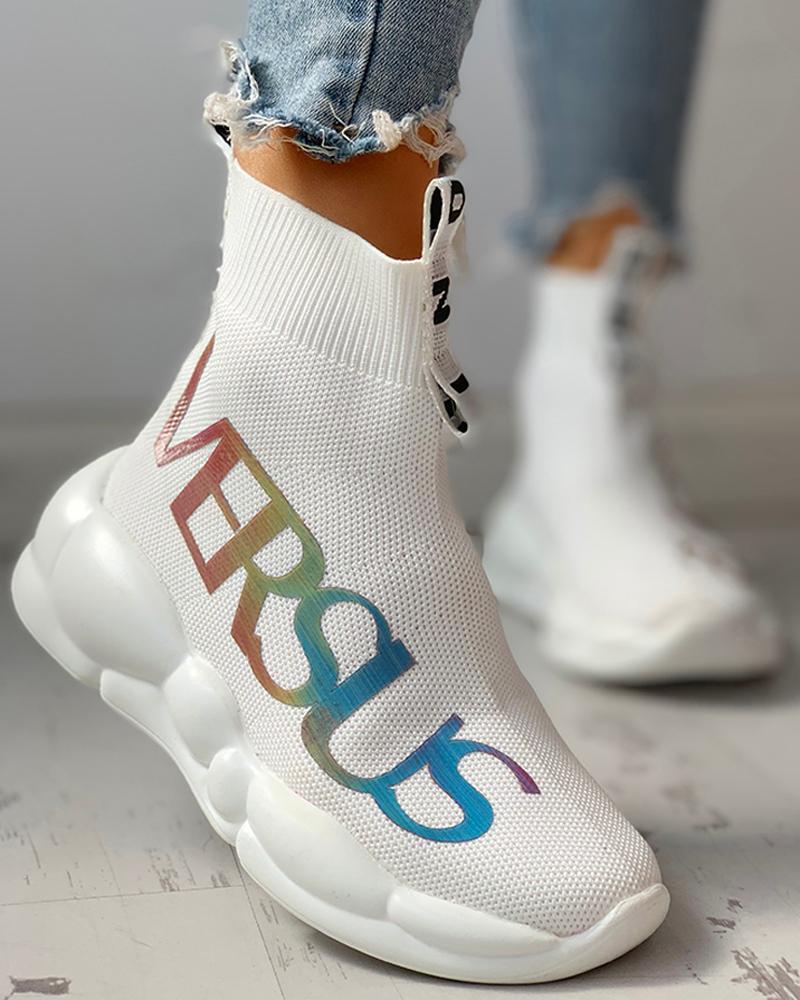 

Letter Print Breathable Casual Sneakers, White