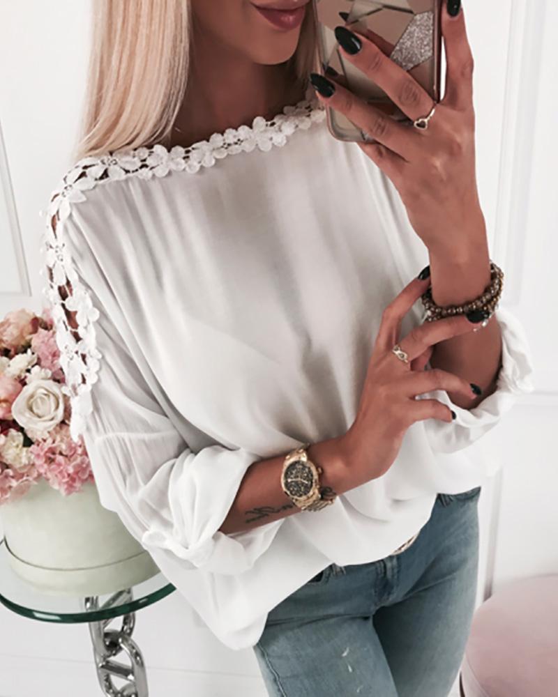 

Long Sleeve Lace Patchwork Blouse, White