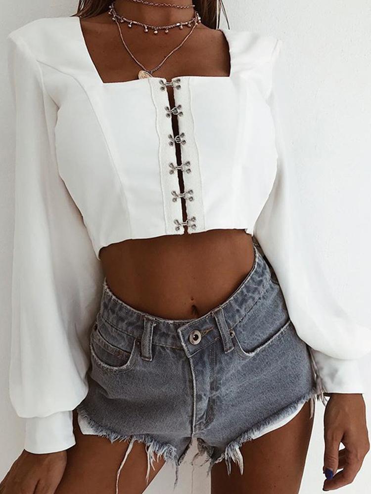 

Metallic Button Open Back Crop Blouse