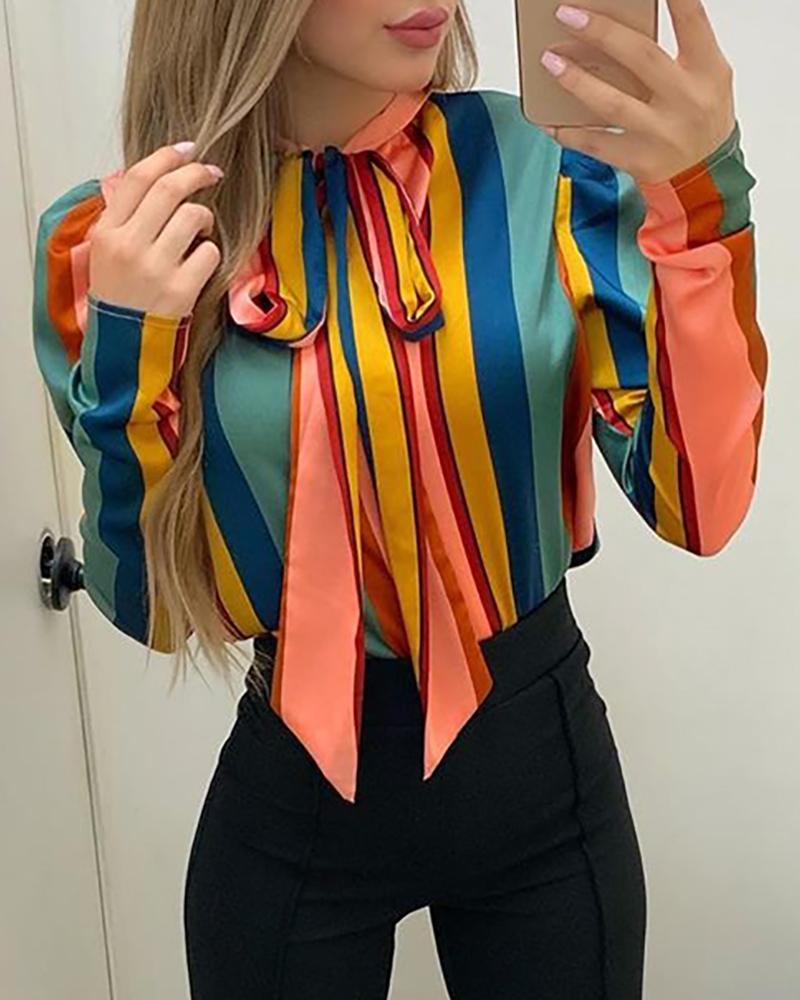 

Colorful Striped Tied Neck Puff Sleeve Shirt