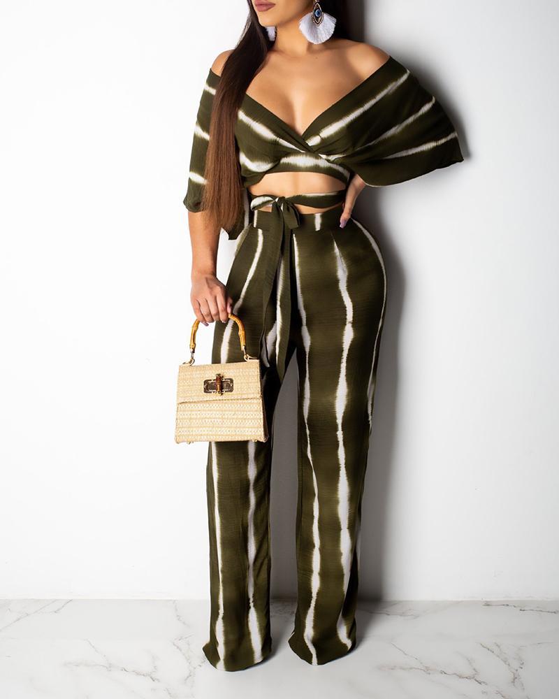 

Tie Dye Striped Off Shoulder Top & Wide Leg Pants, Coffee