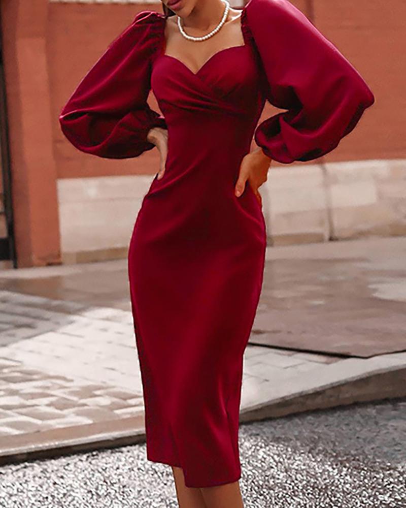 

Solid Lantern Sleeve Backless Ruched Dress, Wine red