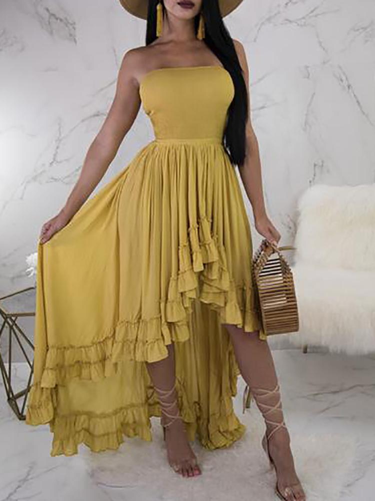 

Strapless Pleated Asymmetric Maxi Dress, Yellow