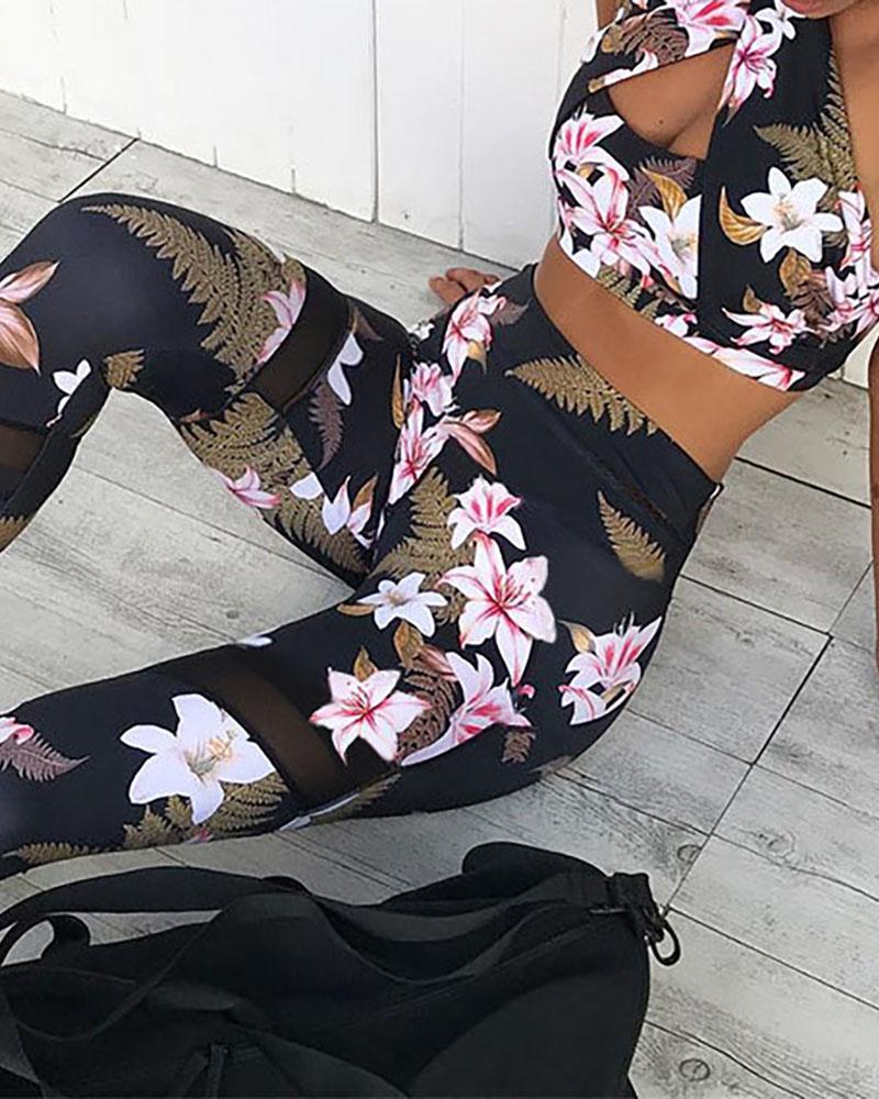 

Floral Print High Waisted Yoga Sets, Black