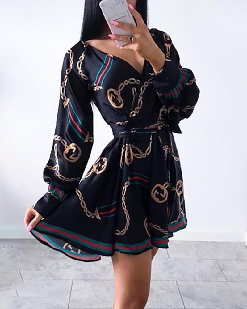 

Chain Print Lantern Sleeve Casual Dress, Black