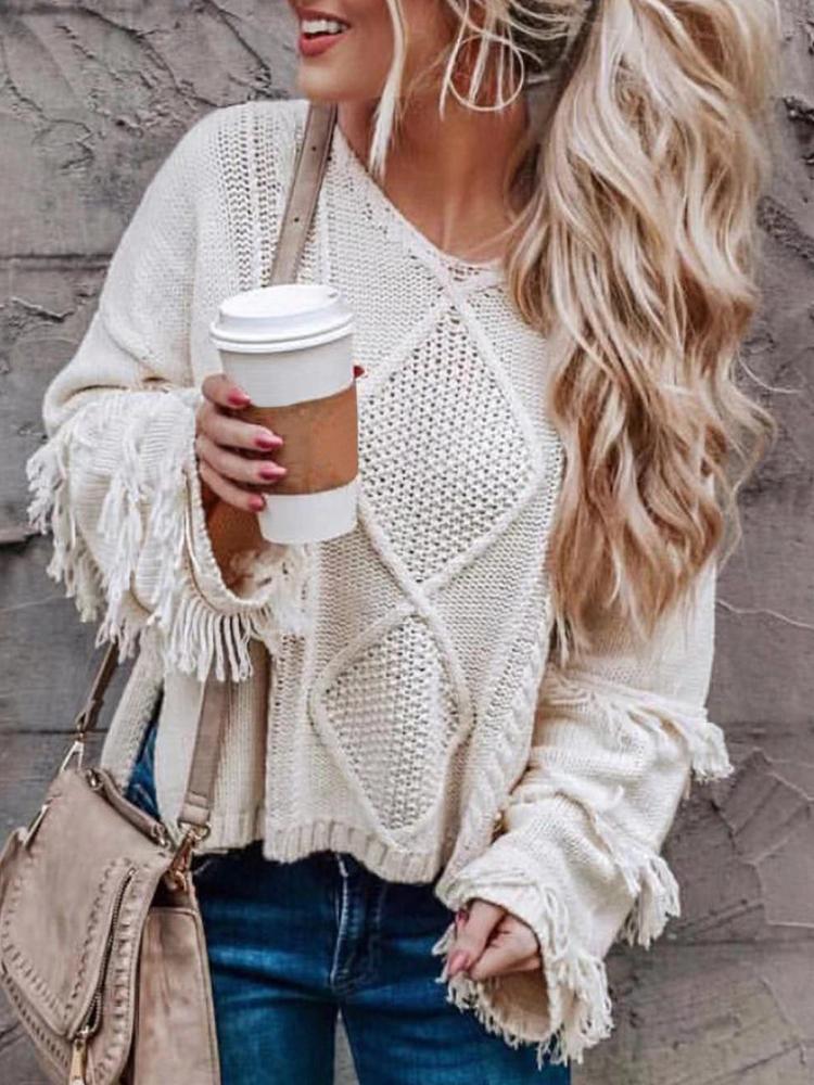 

Solid Tassel Side Slit Pullover Sweater, Apricot