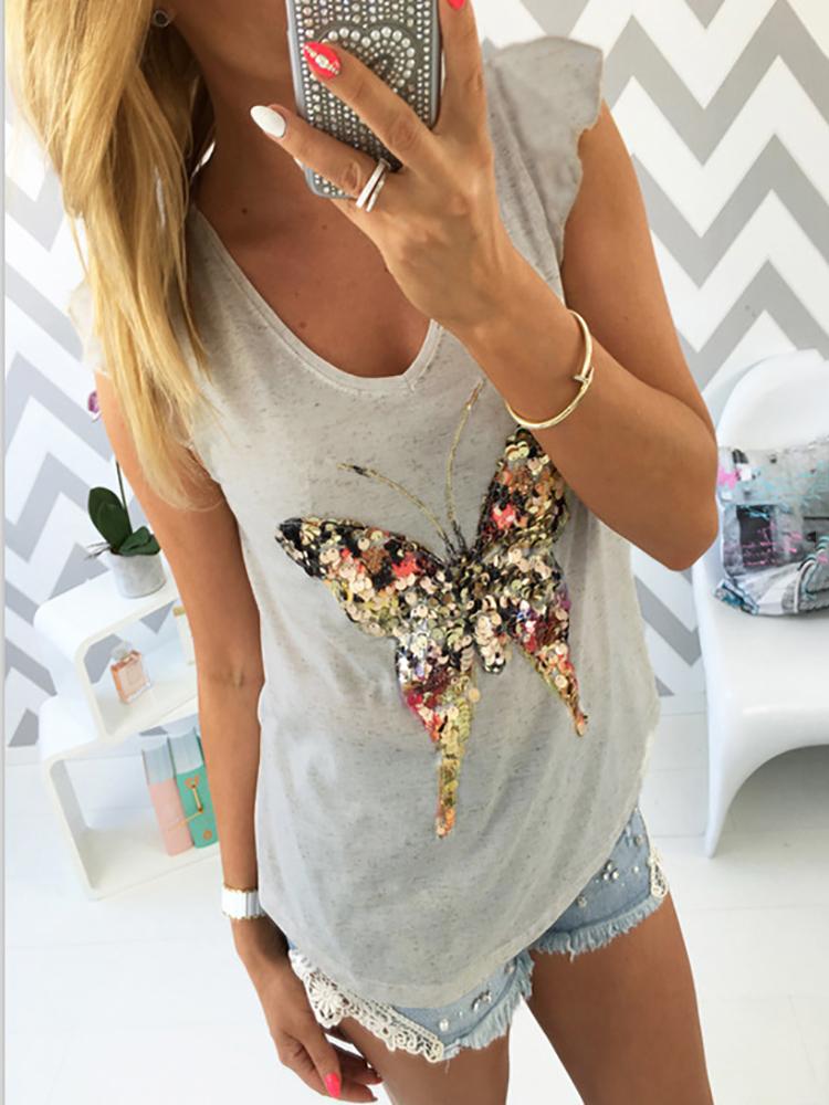 

Casual Butterfly Sequins Splicing Vest, Gray