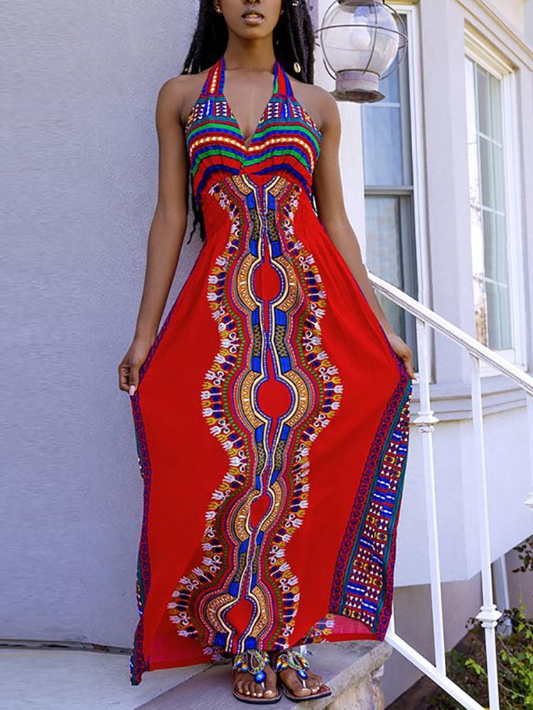 

Trendy Dashiki Print Halter V Neck Casual Maxi Dress, Red