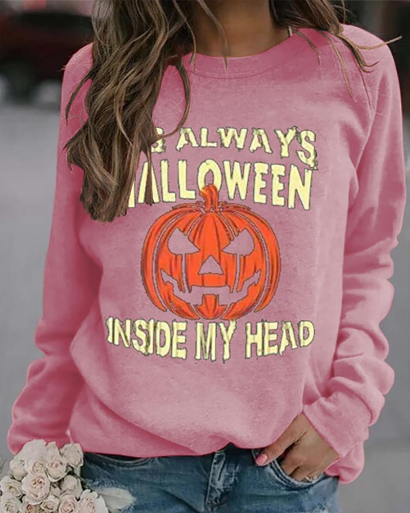 

Halloween Letter Pumpkin Print Casual Sweatshirt, Pink