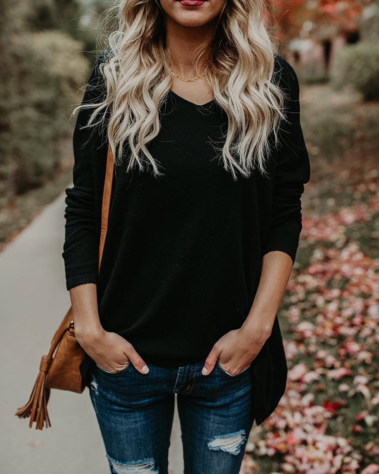 

Solid V Neck Long Sleeve Longline Blouse, Black