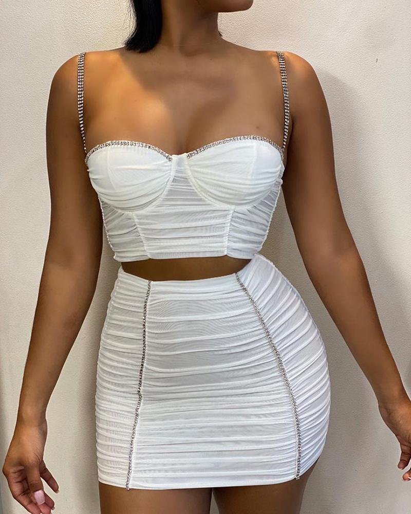

Rhinestone Spaghetti Strap Crop Top & Ruched Skirt Set, White