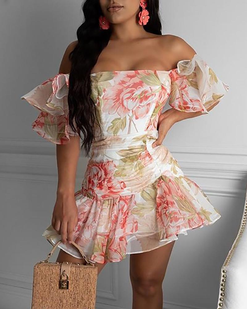 

Off Shoulder Ruffles Floral Print Dress, Beige