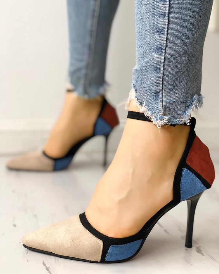 

Colorblock Suede Pointed Toe Buckled Thin Heels, Apricot