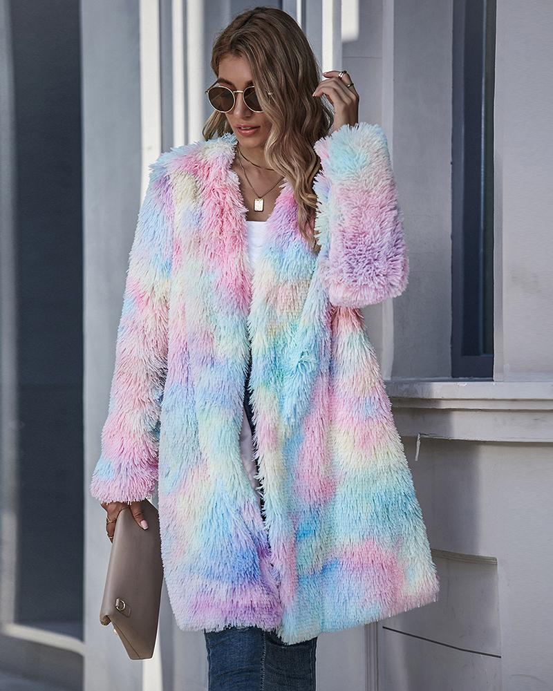 

Tie Dye Print Long Sleeve Teddy Coat, Multicolor