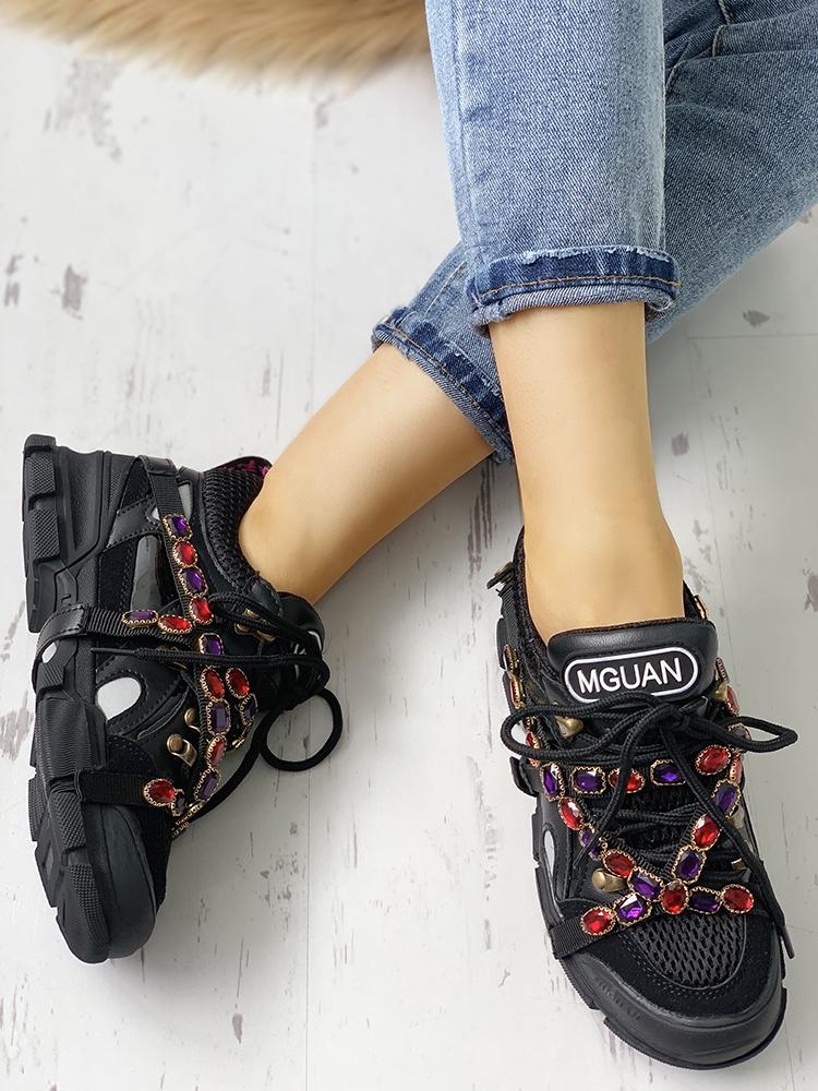 

Rhinestone Embellished Net-Surface Sneakers, Black