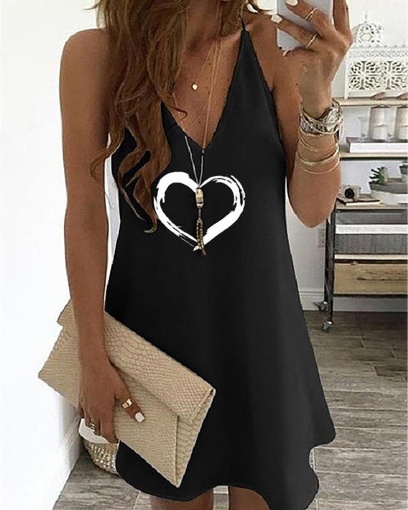 

V Neck Heart Print Dress, Black