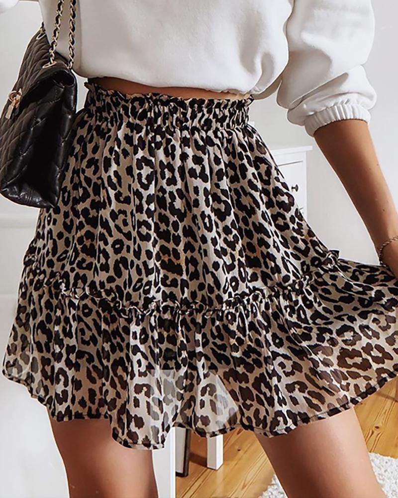 

Cheetah Print Frill Hem Ruffles Skirt, Leopard