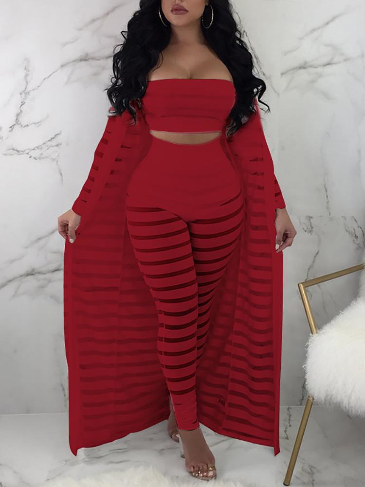 

Striped Mesh Strapless Top & Pants & Cardigan Set