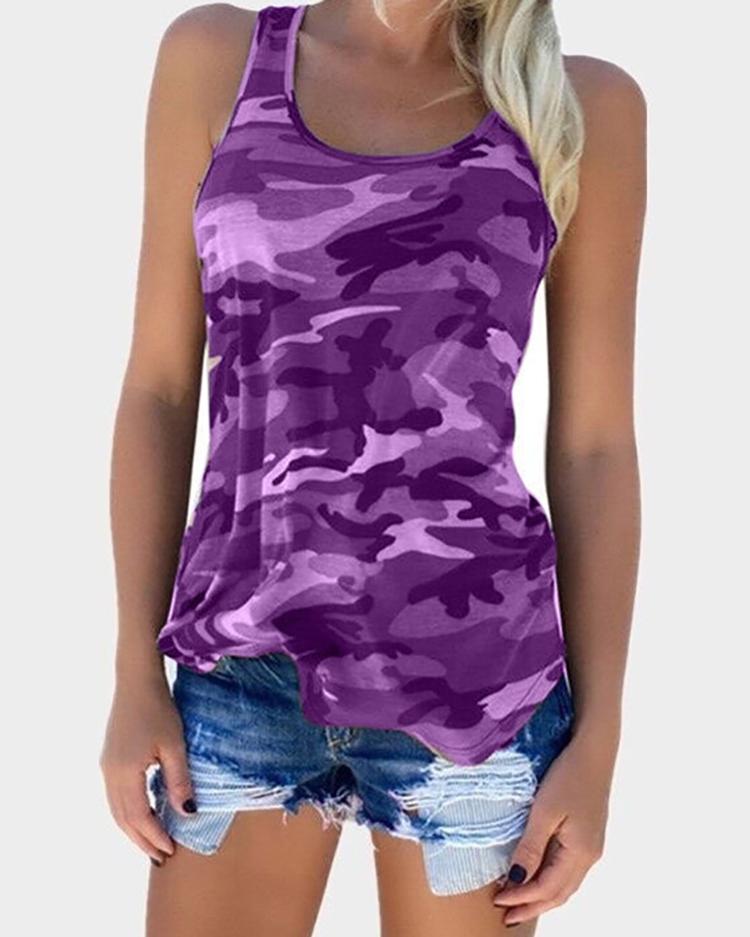 

Camouflage Print Racer Back Tank Top, Purple