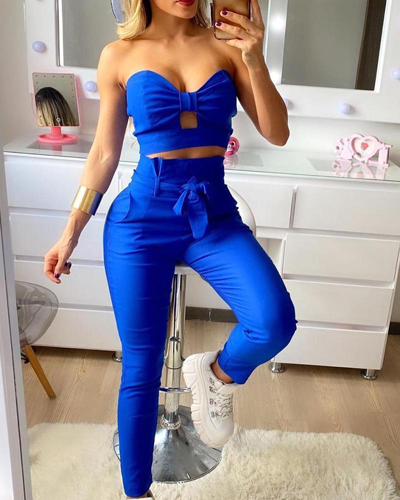 

Bandeau Bowknot Cutout Ruched Crop Top & High Waist Pants Set, Blue