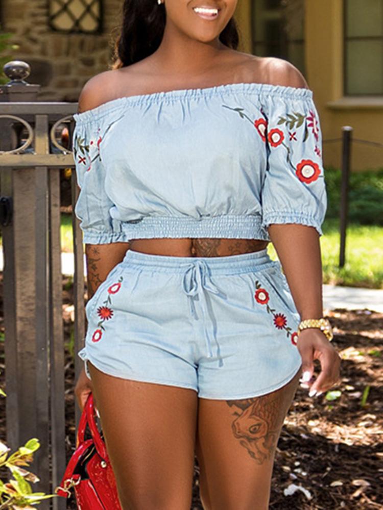 

Off Shoulder Puff Sleeve Floral Shirring Twinset