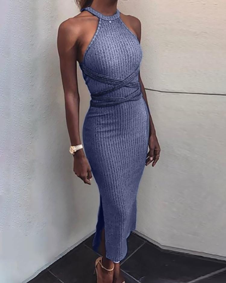

Halter Crisscross Sleeveless Bodycon Dress - Blue