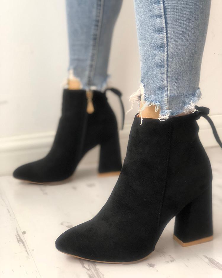 

Suede Point Toe Tie Back Ankle Boots, Black