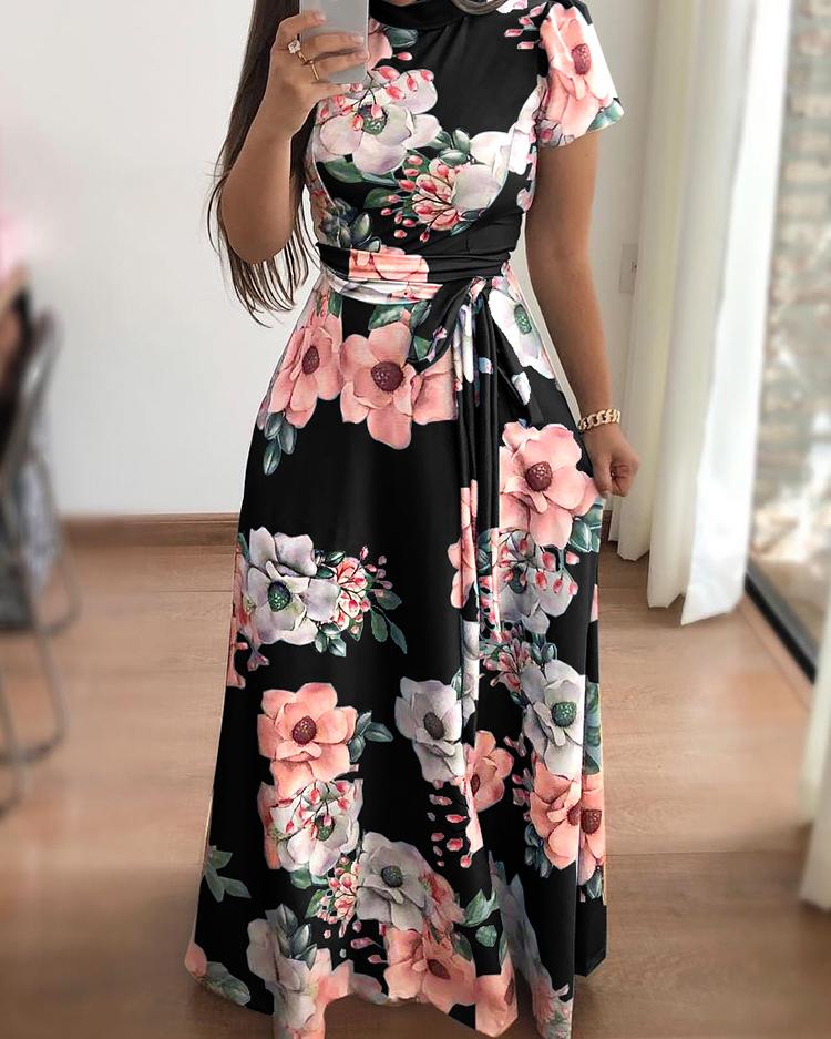 

Floral Print Short Sleeve Tie Waist Maxi Dress, Black