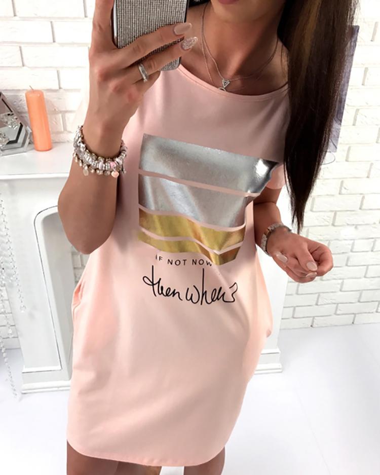 

Letter Print Pocket Design Casual Dress, Pink