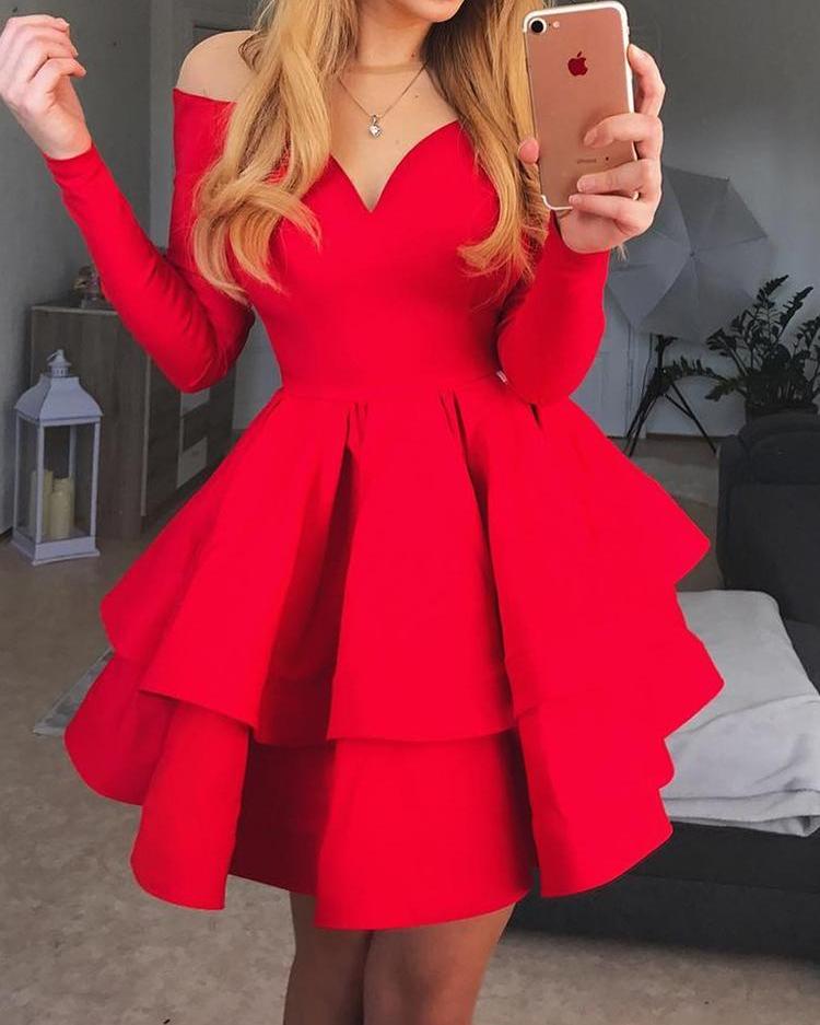 

Off Shoulder Layered Ruffles Party Dress, Red