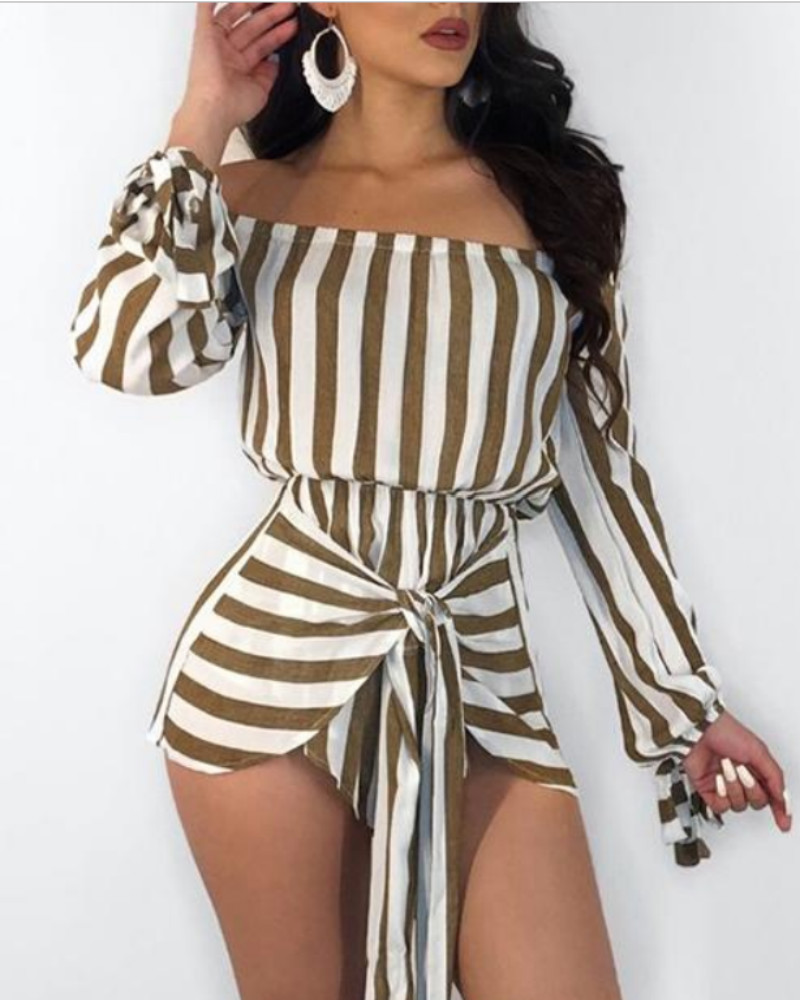 

Striped Tie Waist Casual Bardot Romper