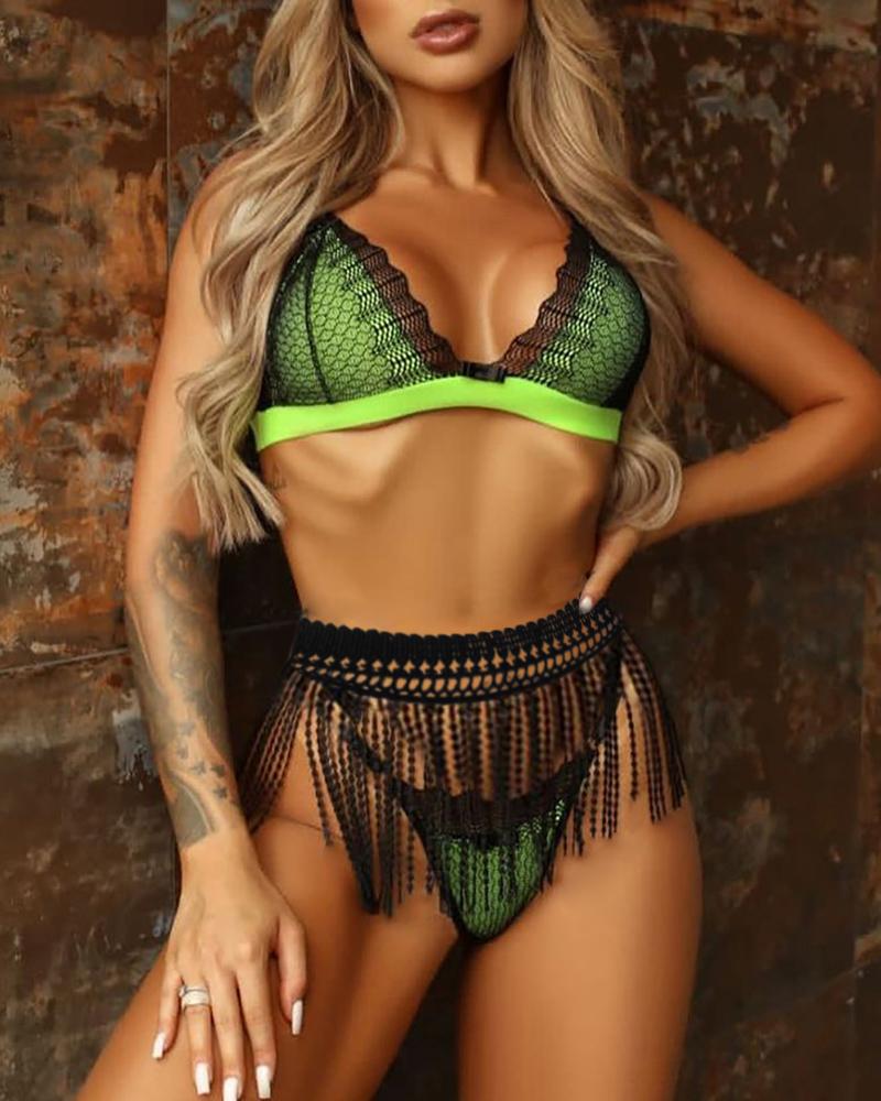 

Colorblock Eyelash Lace Tassel Design Bra Set, Green
