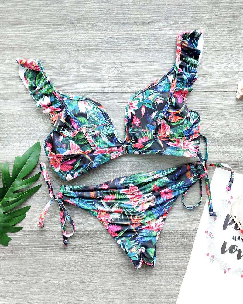 

Triangle Floral Print Bikini Set, Blue