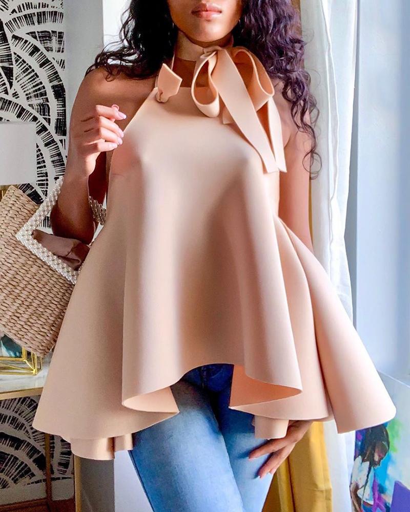 

Tied Neck Layered Ruffles Backless Top, Apricot