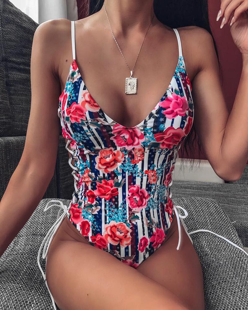 

Floral Print One-Piece Swimsuit, Multicolor
