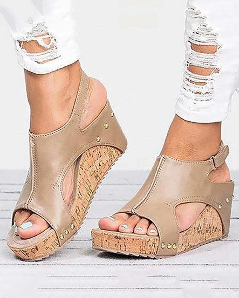 

Peep-toe Slingback Platform Wedge Sandals, Beige