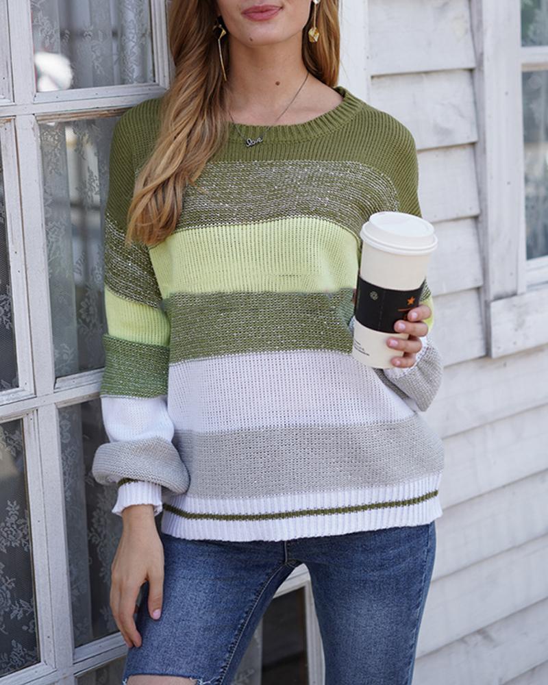 

Corlorblock Striped Loose Long Sleeve Sweater, Green