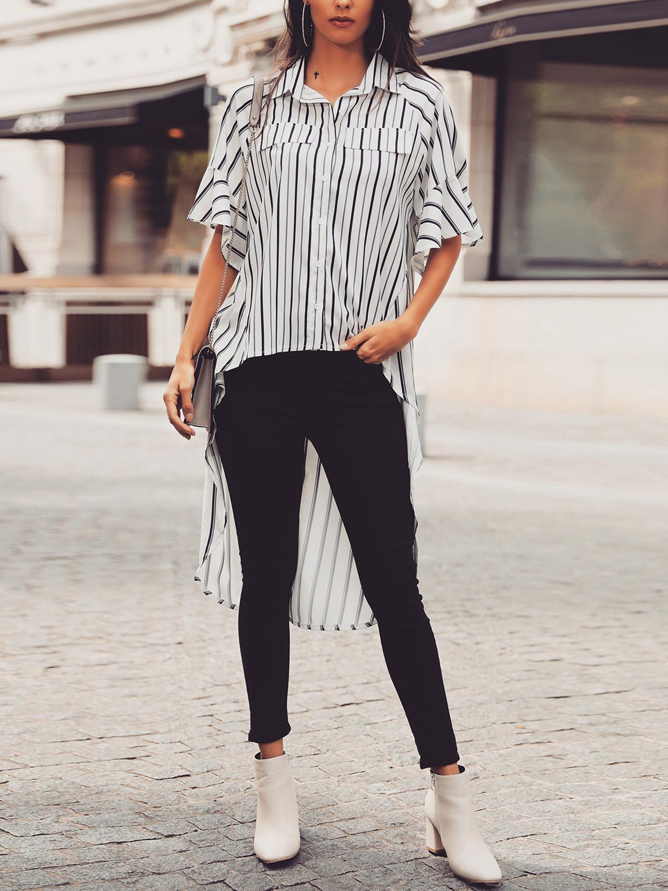 

Stripes Button Up Dip Hem Blouse