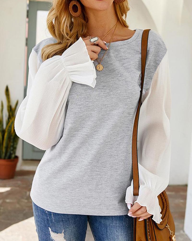 

Contrast Color Ruffle Sleeve T-Shirt, Gray