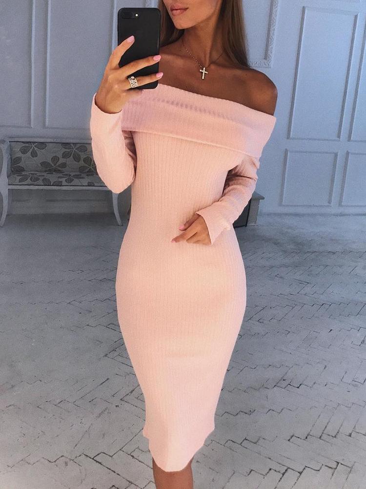 

Fold-over Off Shoulder Maxi Bodycon Dress, Pink