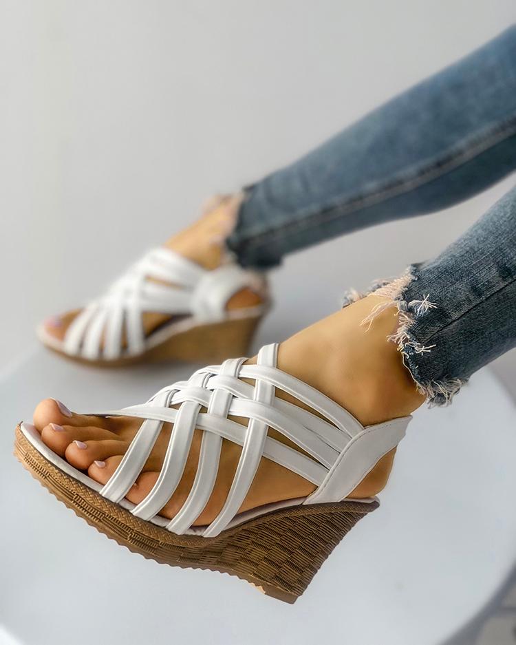 

Multi-strap Criss Cross Platform Wedge Sandals, White
