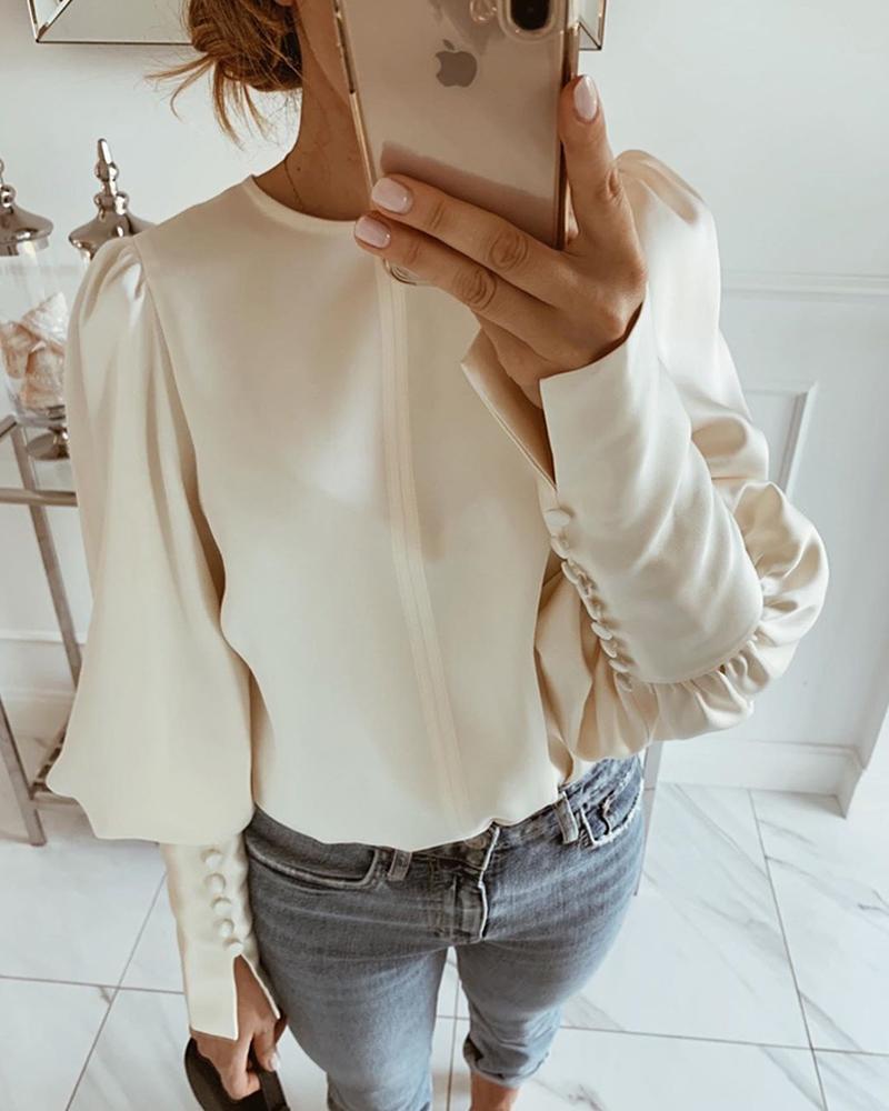 

Solid Round Neck Balloon Sleeve Blouse, Apricot