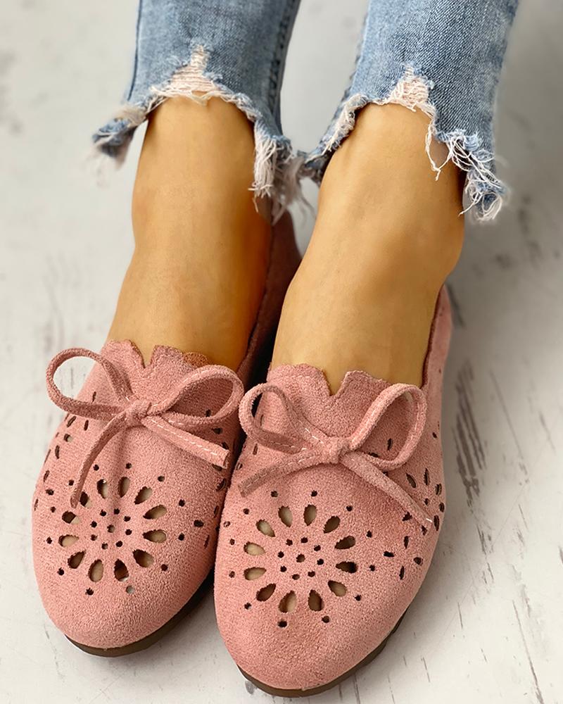 

Bowknot Hollow Out Casual Flat Shoes, Pink