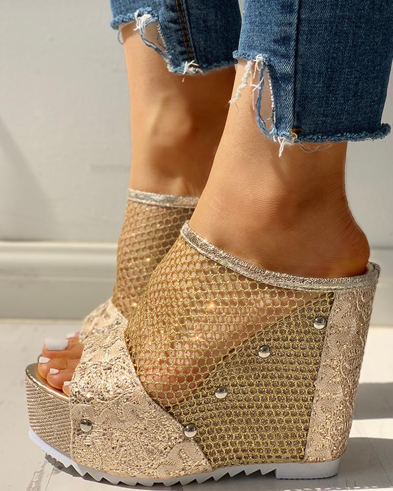 

Fishnet Insert Platform Wedge Sandals, Gold