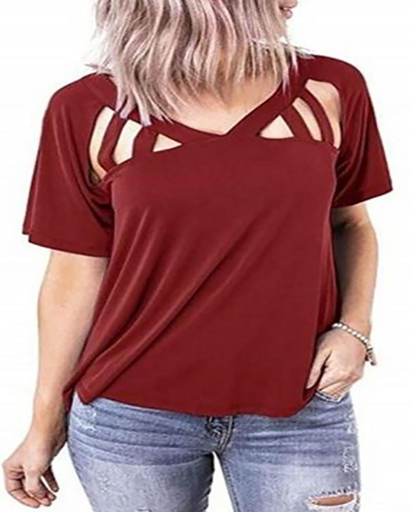 

Solid Cut Out Design V-neck T-shirt, Wine red