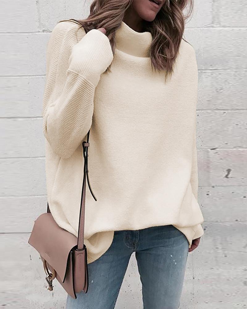 

Solid Long Sleeve High Neck Sweater, Apricot