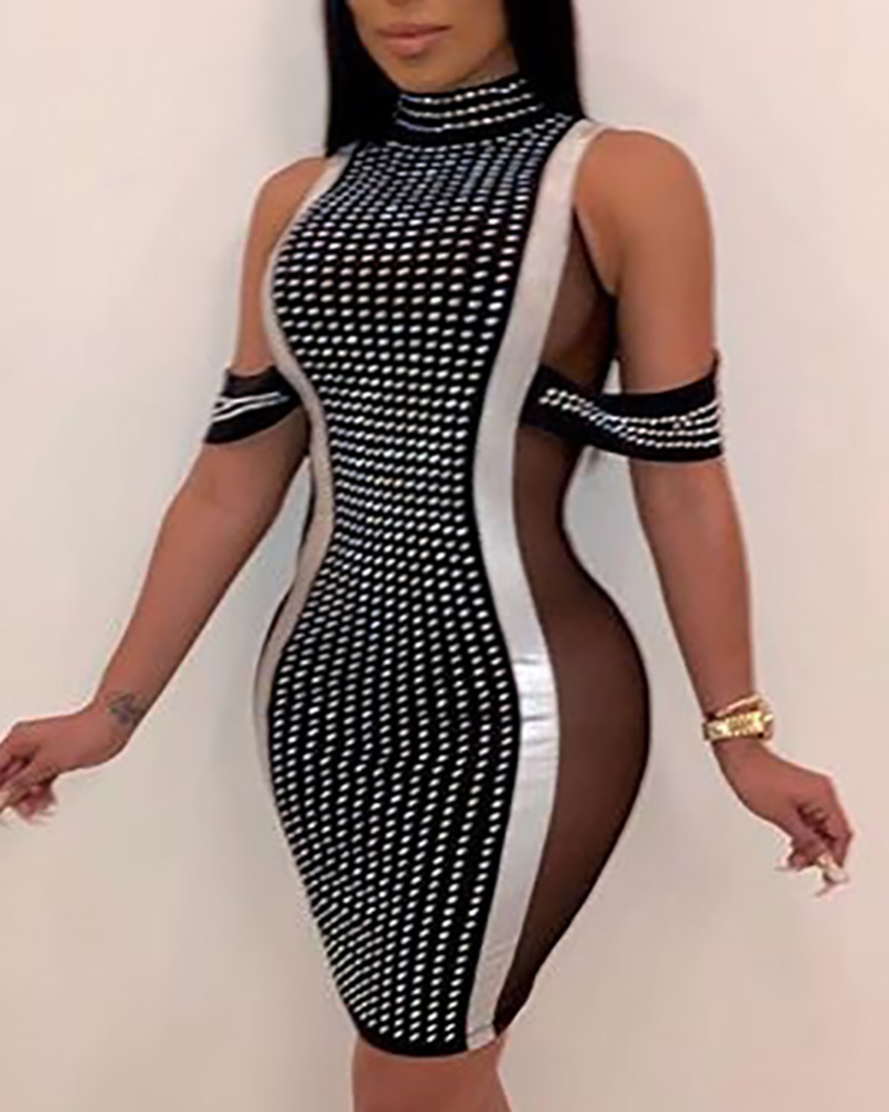 

Hot drilling Mesh splice Bodycon Dress, Black