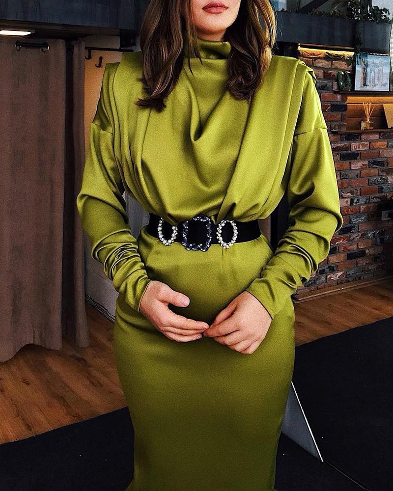 

High Neck Drape Front Ruched Long Sleeve Dress, Green