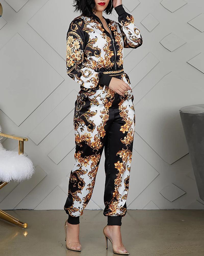 

Retro Print Zipper Design Cuffed Jumpsuit, Black