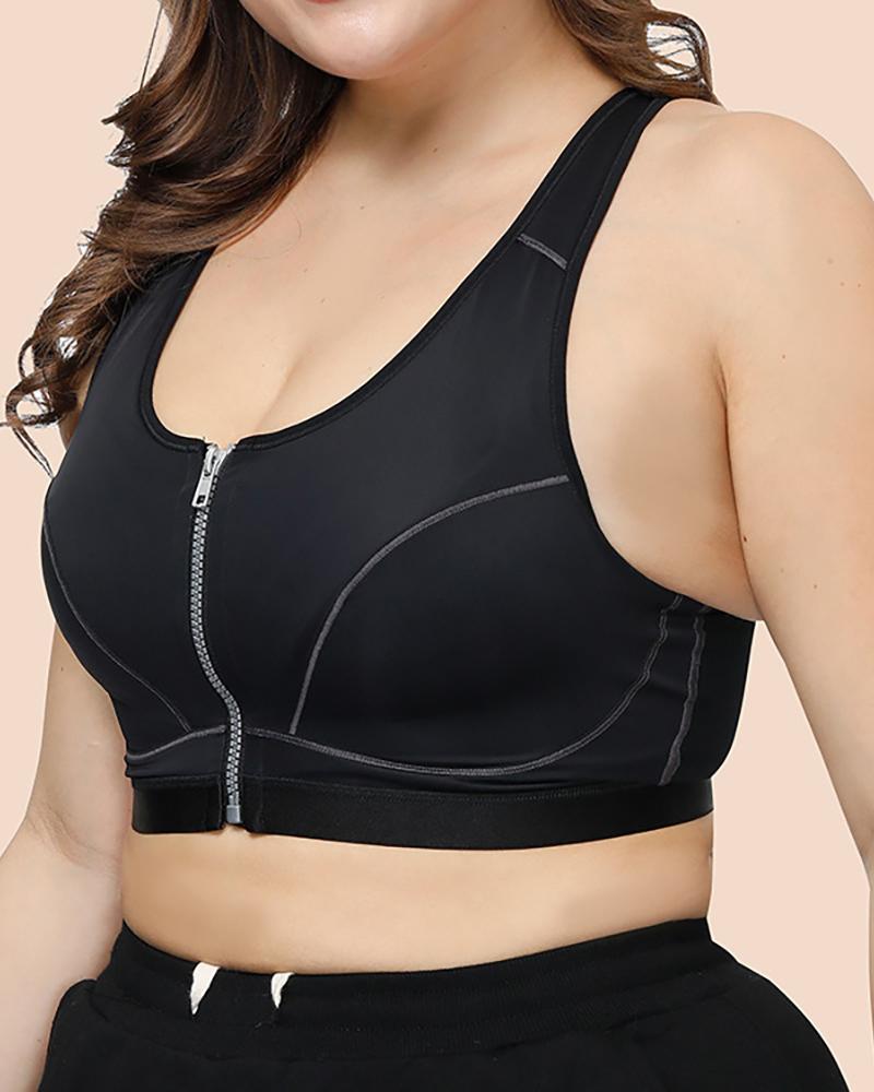 

Plain / Colorblock Zip Front Sporty Bra, Black